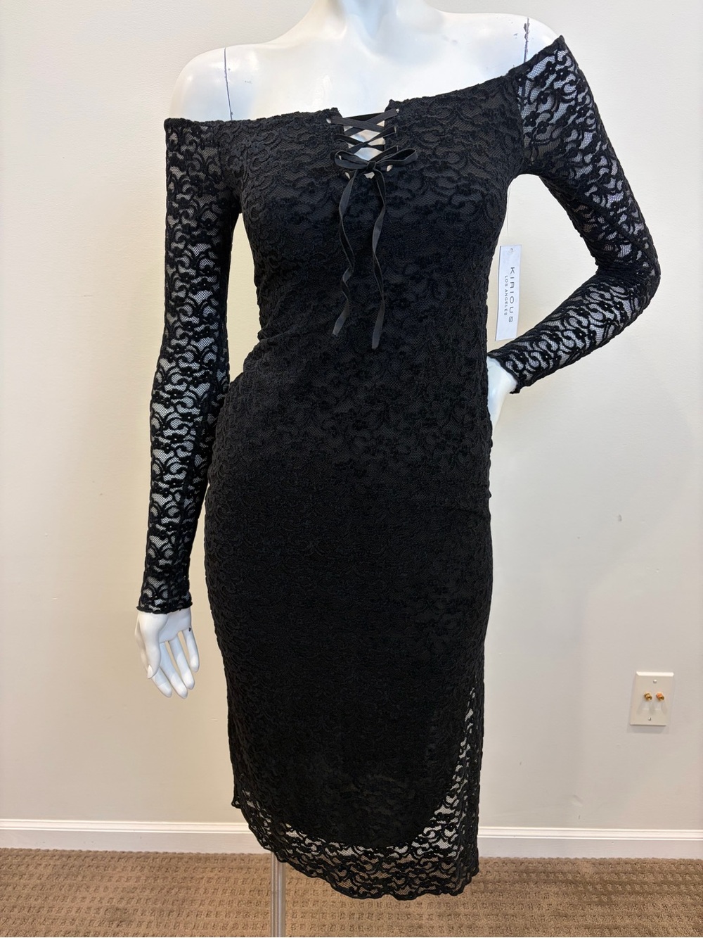 NWT KIRIOUS Black Lace Bodycon WhimsiGoth Lace Up Off The Shoulder Midi Dress